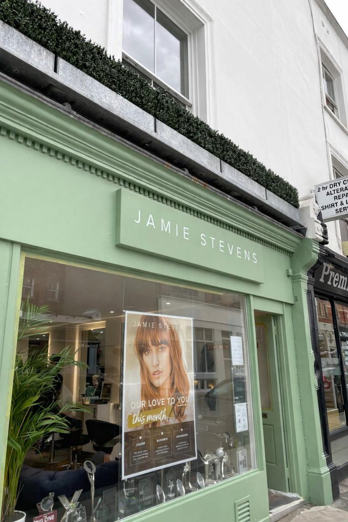 High-end shopfront decorating and exterior restoration for a luxury hair salon in High Street Kensington, London.