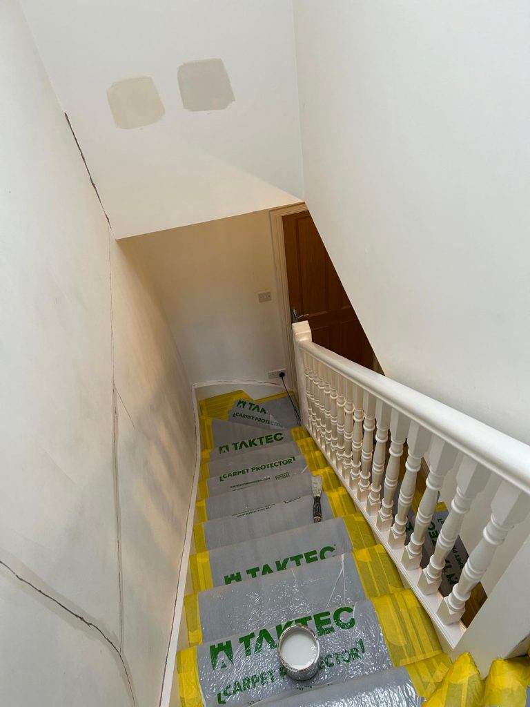 Staircase and carpet protection using Taktec during restoration by Loveday Decorators.